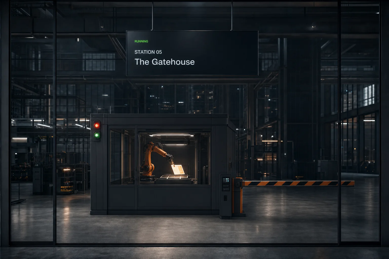 A machine cell on the shop floor: one arm working inside a lit enclosure behind a closed barrier.